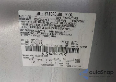 2010 Ford Taurus Sel z USA, uszkodzony, nr VIN 1FAHP2EW2AG129993